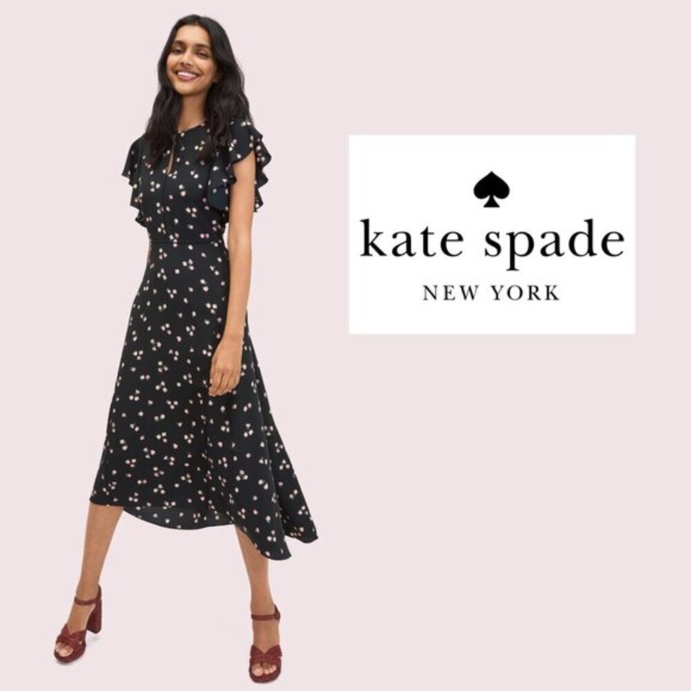 Kate Spade NWOT 4 Black Floral Midi Flutter Short Sleeve Ditsy Begonia Dress